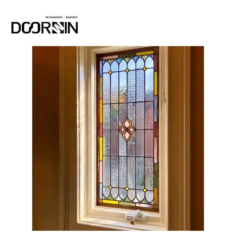 Doorwin-ventanas de vidrio biseladas personalizadas, manivela de madera revestida de aluminio, ventanas abatibles de vidrio grabadas abiertas, directo de fábrica