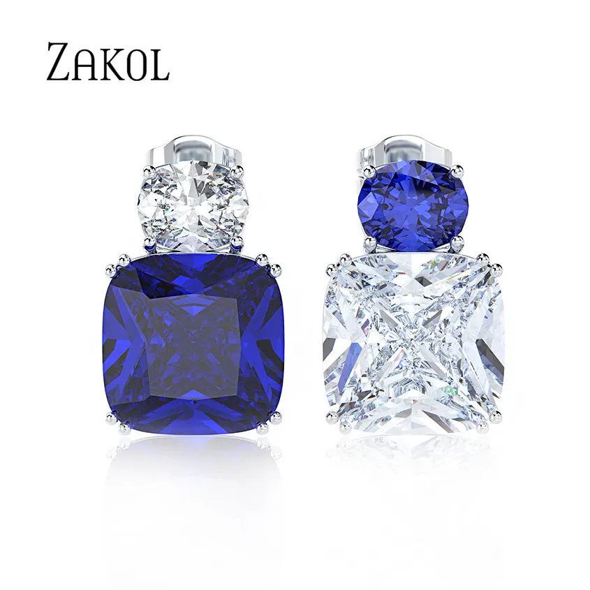 ZAKOL Trendy Simple Square Blue Cz Zirconia Crystal Stud Earrings for Women Fashion Bridal Wedding Accessories Jewelry EP2474