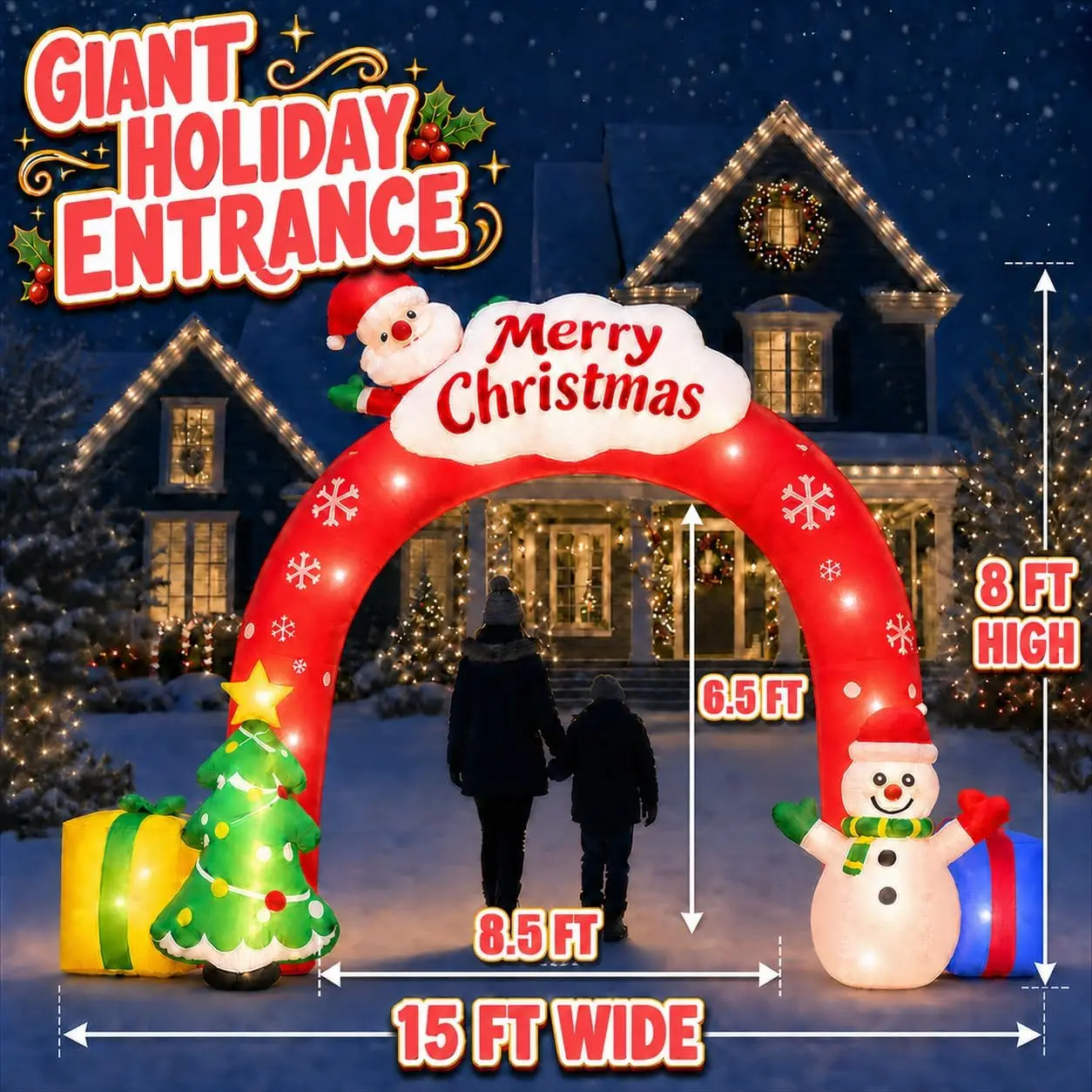 Inflatable Christmas Archway, 15FT Blow-Up Yard Decorations with LED Lights for Outdoor Holiday Display