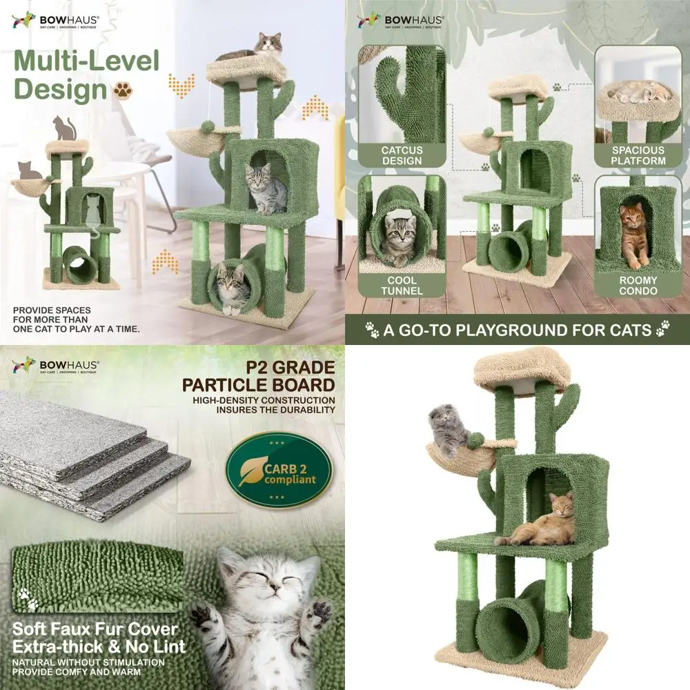 

Indoor Cactus-Themed Cat Tree, 40 Tall for Small & Large Cats, with Multiple Levels, Scratching Post, Tunnel, and Cozy Cave