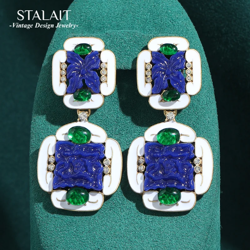 

Vintage Large Blue Drop Earrings Relief White Enamel Square Jelly Gold Color Luxury Designer Jewelry Accessories For Women 2025