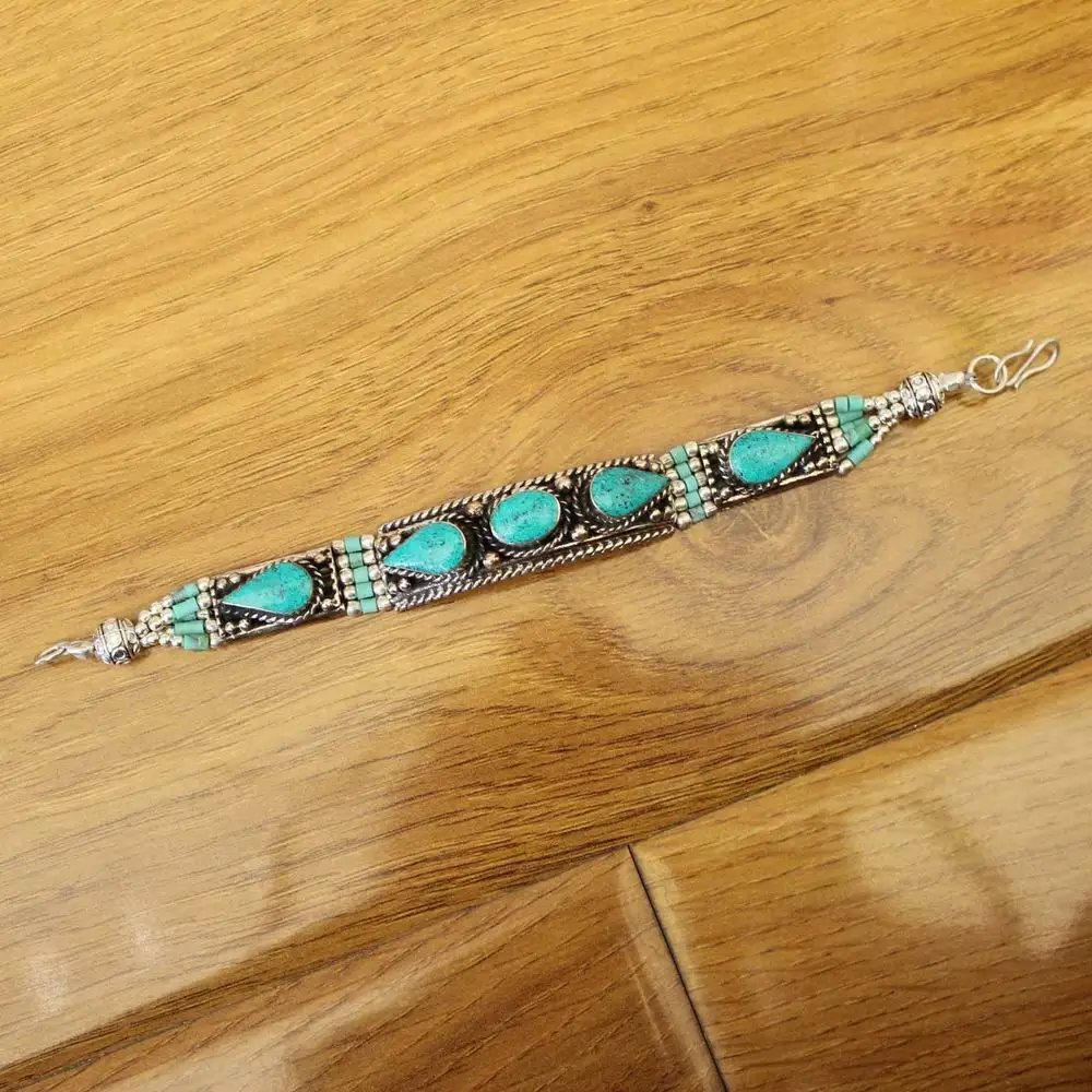 BR492 Nepal Jewelry Copper Inlaid Coral Turquoises Stone 15mm Width Clasp Bracelet Cuff For Women