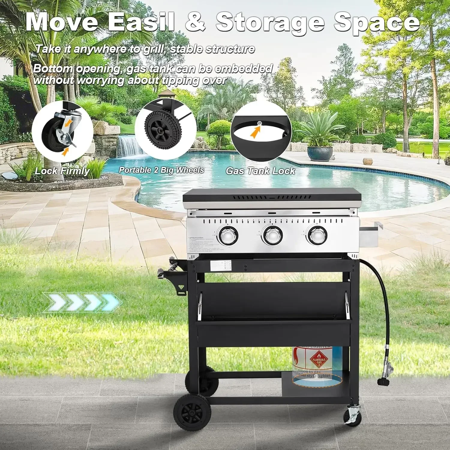 

[Free Shipping!]Portable Flat Top Griddle 28 Inch Heavy-Duty Cast Iron Grill, 3 Burner 30000 BTU Outdoor Gas Griddle with Lid (S