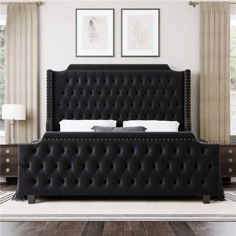 Estrutura de cama de plataforma queen size com cabeceira de asa alta de 54" e estribo capitoné com botão profundo, estrutura de cama estofada em veludo com