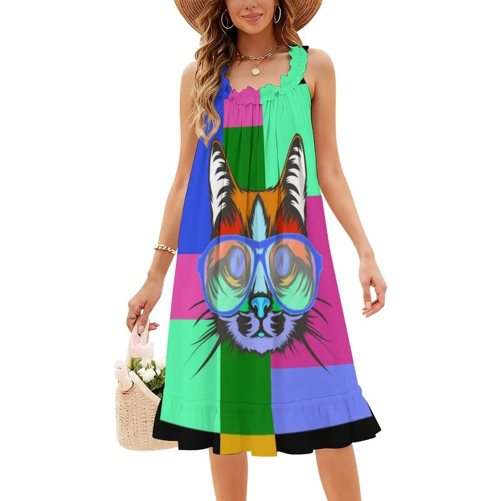 فستان كيتي بوهيمي بدون أكمام متعدد الطباعات لحفلات العطلات على الشاطئ، فستان كات كيتي كات مع نظارات ملونة لفن البوب، فستان سهرة #4