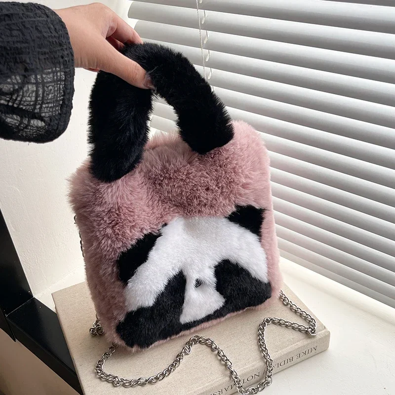 Lovely Fashion Advanced Feeling Handbags 2024 New Mink Fur Panda Cartoon Large Capacity Versatile Western Style Crossbody Bag