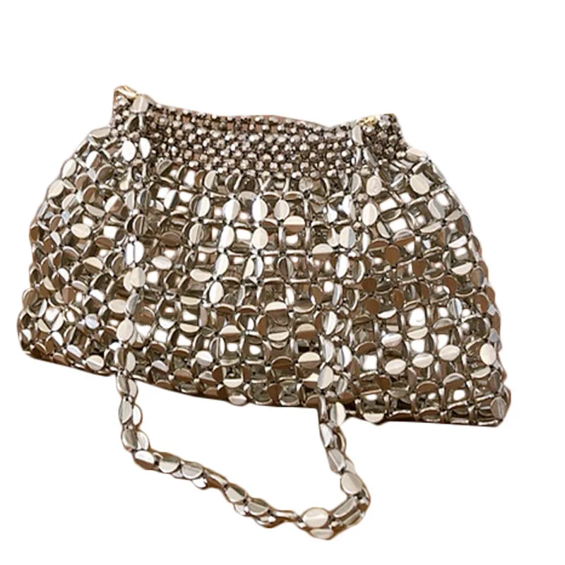 UGALS Retro Shiny Metal Color Sequin Handcrafted Beaded Pearl Bag Dumpling Bag Underarm Bag British Style Soft Handle Women's...