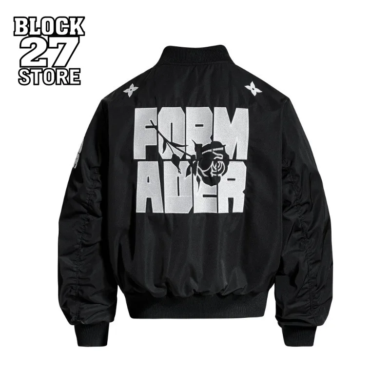 

Harajuku Мужская куртка с вышивкой в виде розы и буквами, уличная одежда, бейсбольное пальто с цветными блоками, ретро, двойная молния, дизайн, свободный крой, мода