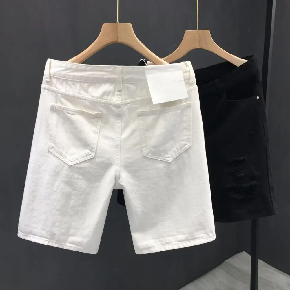 2024 New White Denim Shorts Men Ripped Knee Length Fashion Jeans Casual Ripped Hole Slim Male Short Pants Streetwear Shorts