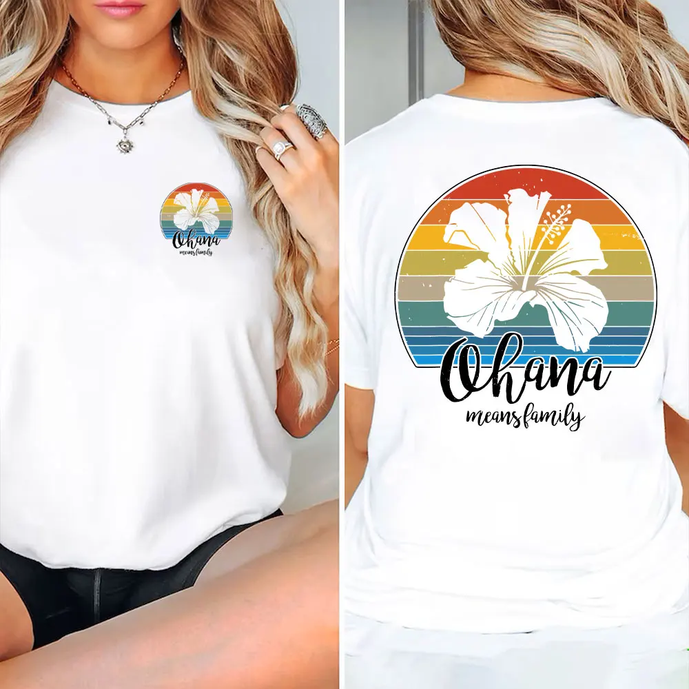 2025 New Hawaii Family Vacation Cottonn Double-sided print T-shirt Ohana Means Family Tee Funny Family Shirt Beach Vacation Tops