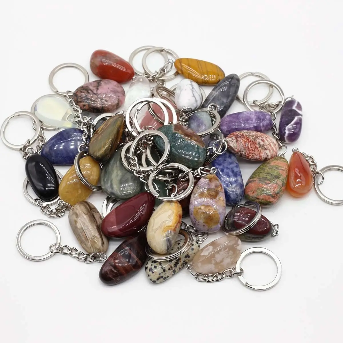 15Pcs Natural Stone Irregular Stone Keychain Rose Quartz Opal Agate Pendant Jewelry Making DIY Hand bag Purse Household Charm Gift Ornament