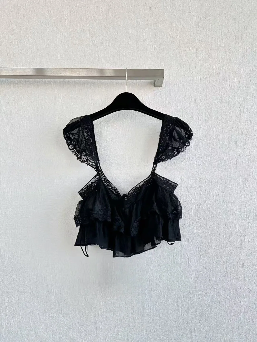 Elegant Women Blouse French Chic Lace Trim Mulberry Silk Cropped Square Neck Top Casual Feminine