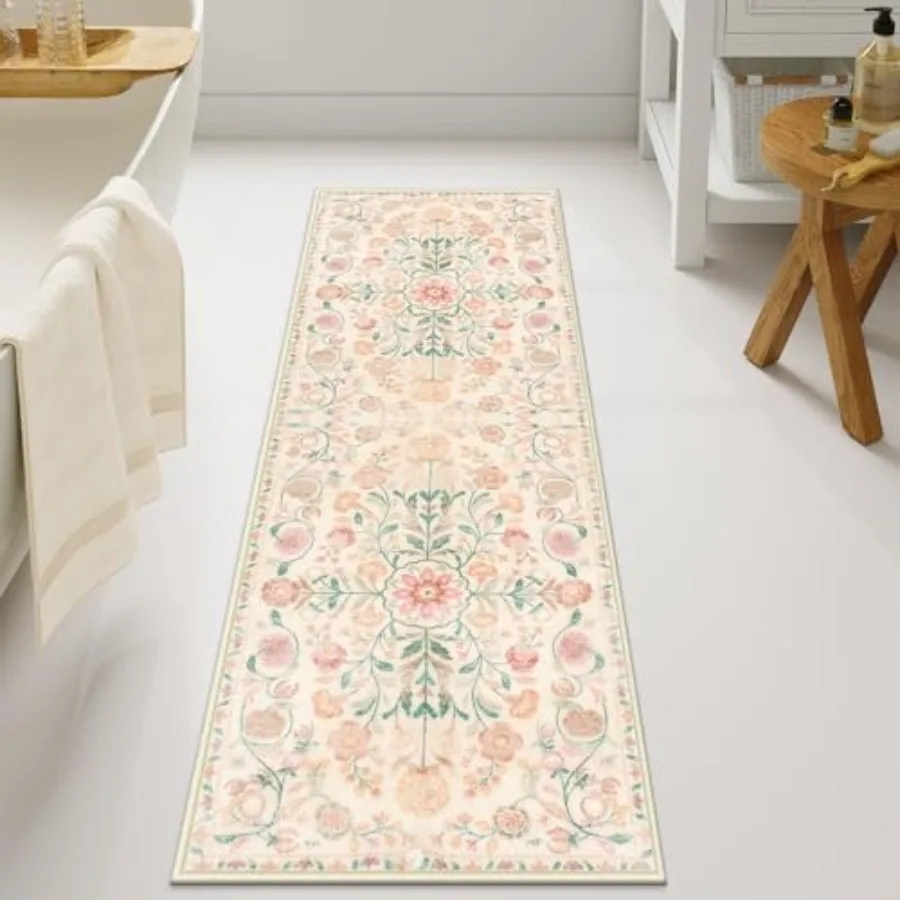 

Bathroom Runner Rug Vintage Long Bathroom Rug Soft Shaggy Non-Slip Large Bath Mat Machine Washable Boho Colorful Floral Bath Ru