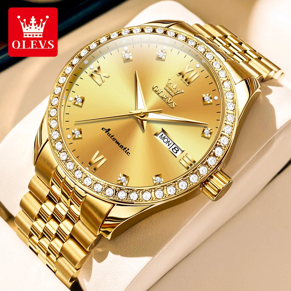 

OLEVS 7012 Mens Watch Automatic Mechanical Watch Diamond Bezel Waterproof Luminous Watch Day-Date Watch With Box Original Reloj