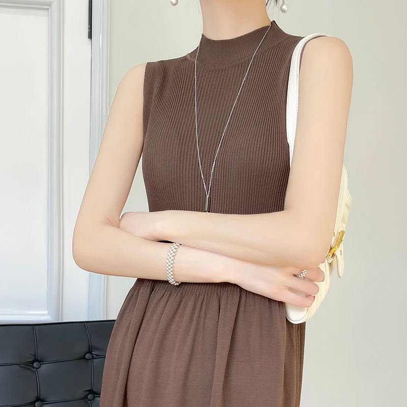 YSC 2023 Women Knitted Ice Silk Tank Top Long Dress Half height collar Solid color Sleeveless pleasantly Slim fit Dress