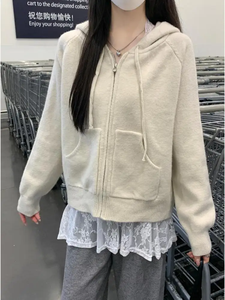 

Korean Fashion Women Blue Beige Long Sleeved Sweater 2024 Autumn Winter Vintage Pink Hooded Elegant Cardigan Zipper Knit Tops