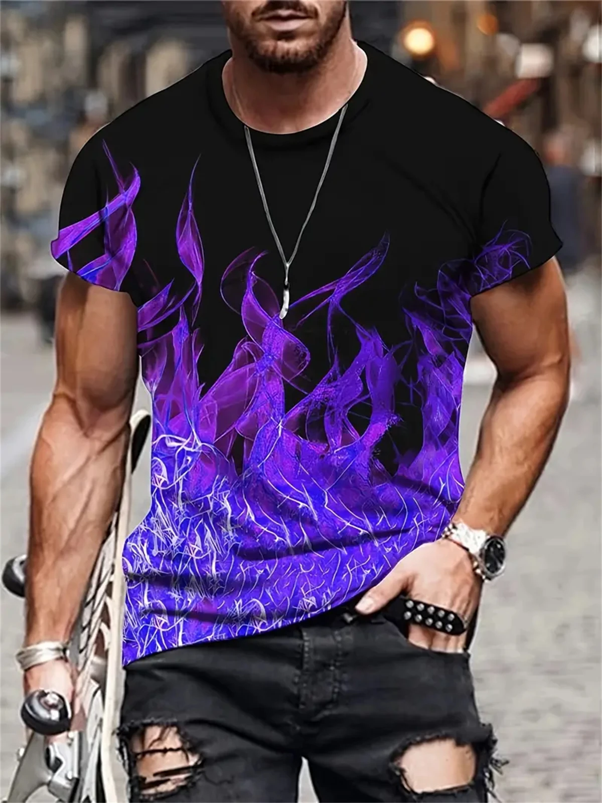 Men's 3D Flame Pattern Print Fashion T-Shirt Crew Neck Short Sleeve Tops Graphic Tee Shirts Men's Clothes Summer Men's Clothing