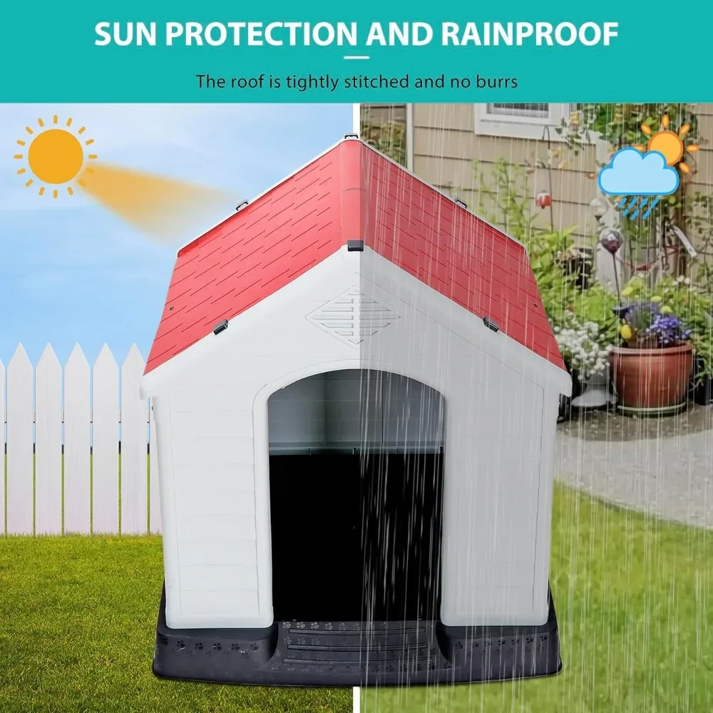 

Large Plastic Dog House - Waterproof Dog Kennel with Air Vents and Elevated Floor All Weather Indoor Outdoor Insulated Doghouse