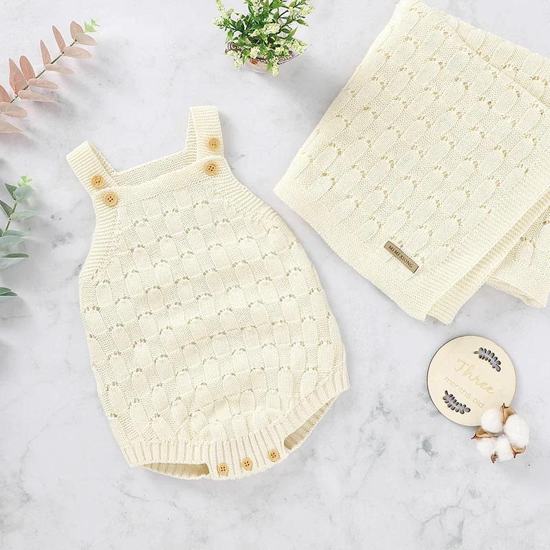 Baby Bodysuit +Blanket 100%Cotton Knit Newborn Girl Boy Clothing Set Fashion Hollow Infant Sleeveless Jumpsuit Vest + Soft Quilt