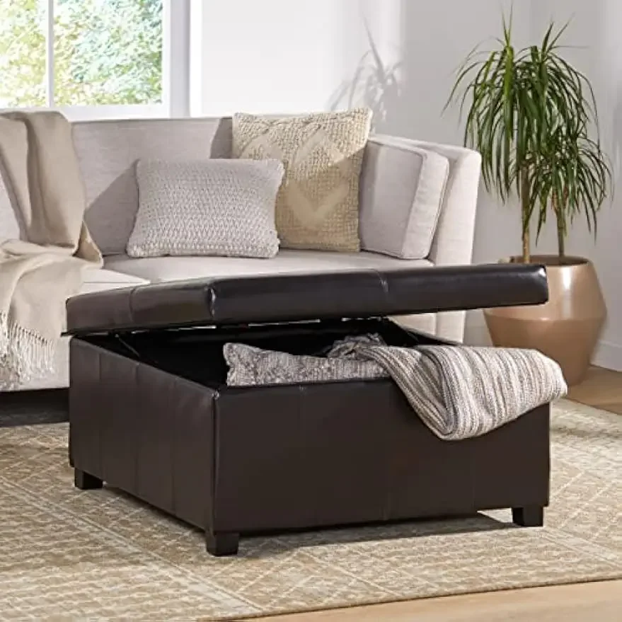 Christopher Knight Home Living Berkeley Brown Leather Square Storage Ottoman, Espresso