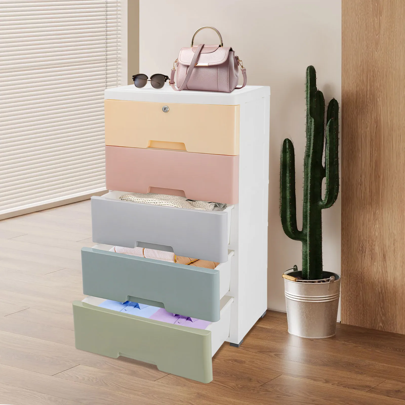 

Plastic Drawers Dresser, 5-Drawer Storage Cabinet with Lock, Large Capacity Organizer for Bedroom, Closet, Office, Storage Tower