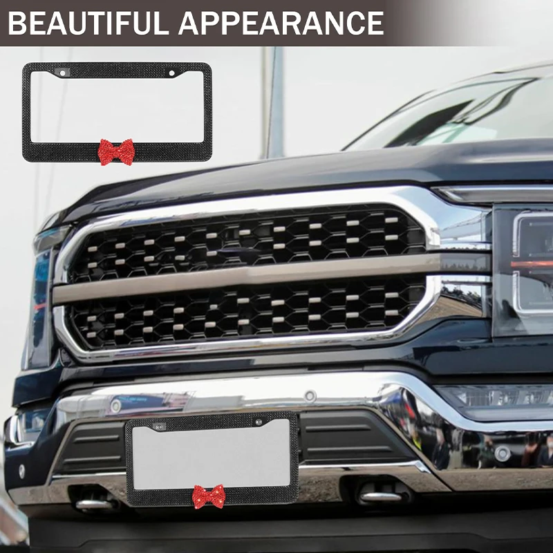 License Plate Frame Set, Decorative Bling Style Cover with Bow Accent and Mounting Hardware for Vehicles