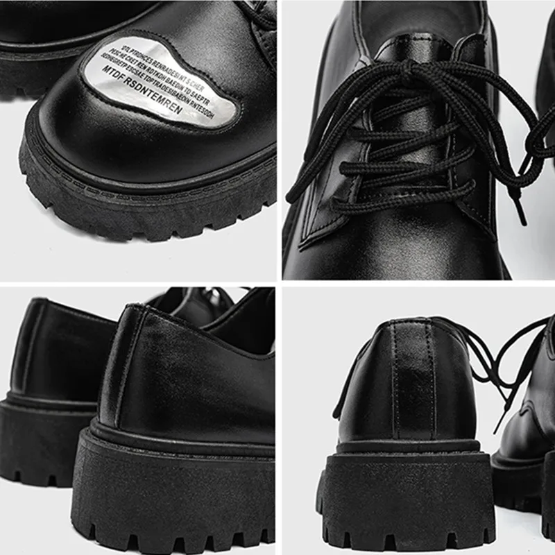 STRONGSHEN Men New Handmade Leather Shoes Round Head Dress Shoes Fashion Black Non Slip Platform Oxfords Casual Derby Shoe 39-44