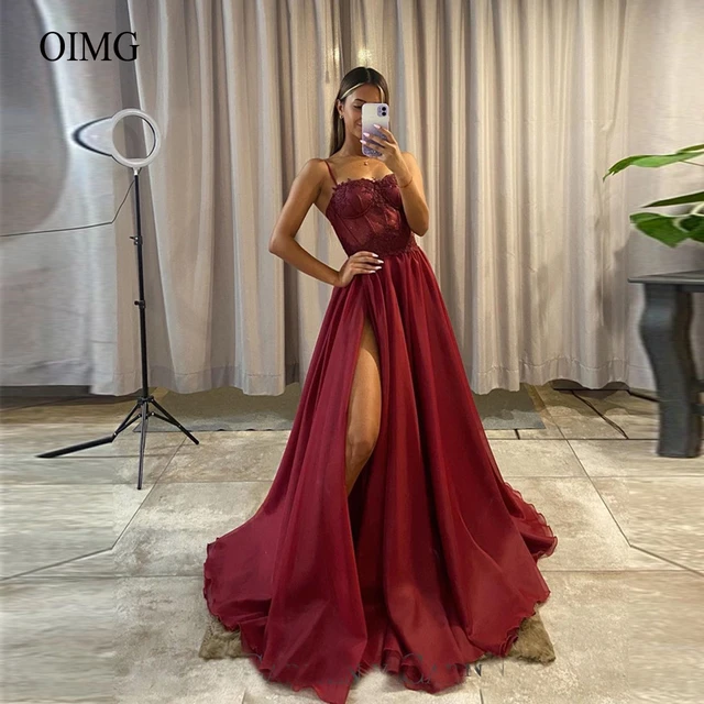 OIMG Spaghetti Straps A Line Tulle Evening Dresses Dark Red Lace Applique  High Slit Sexy Prom Gowns Formal Occasion Party Dress - AliExpress