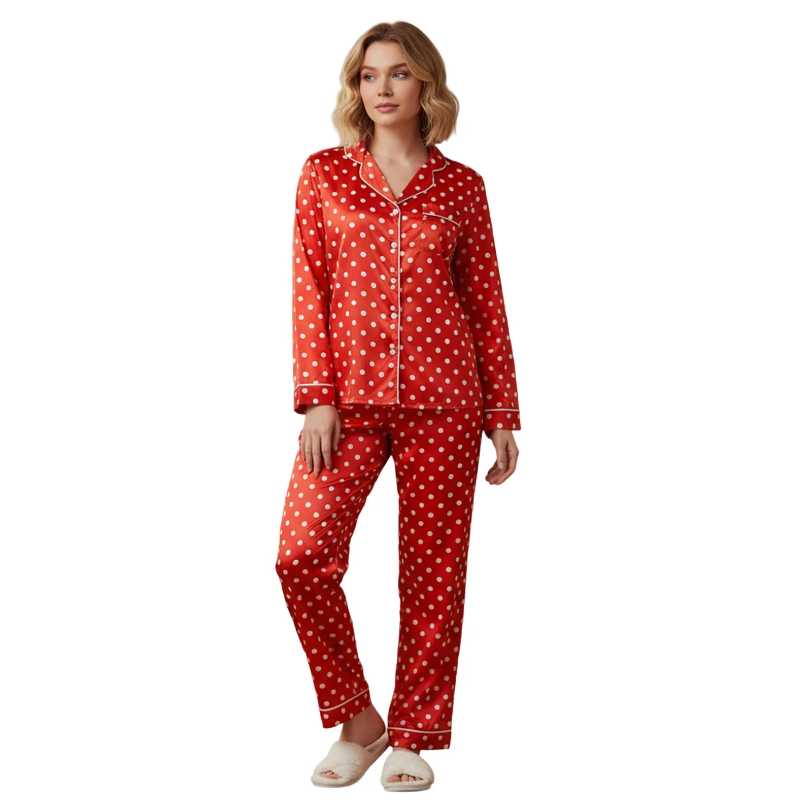 

Женские пижамные комплекты из 2 предметов, топы в горошек с длинными рукавами и лацканами, v-образным вырезом, эластичные брюки на шнурке, одежда для сна