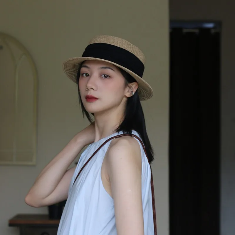 Women French Straw Sun Hat for Summer Flat Top Wide Brim Hat Splicing Hawaiian Outdoor Travel Beach Sun Protection Cap Dress Hat