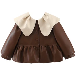 2024 Spring Fall Korean Style Baby Girl Coat Fashion Doll Collar Cute PU Toddler Jacket Infant Outerwear Newborn Clothes BC1723