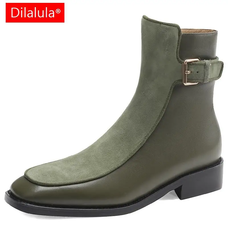 Dilalula Fashion Elegant Women Ankle Boots Splicing Genuine Leather Metal Buckle Low Heels Office Lady Shoes Woman Autumn Winter