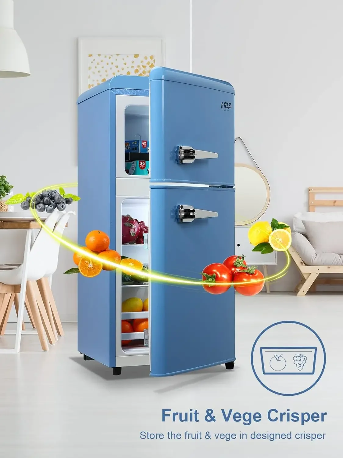 Kulkas beserta Freezer,3.5 Cu Ft kulkas kompak dengan 2 pintu, 7- Level termostat dapat disesuaikan, rak kaca dapat dilepas