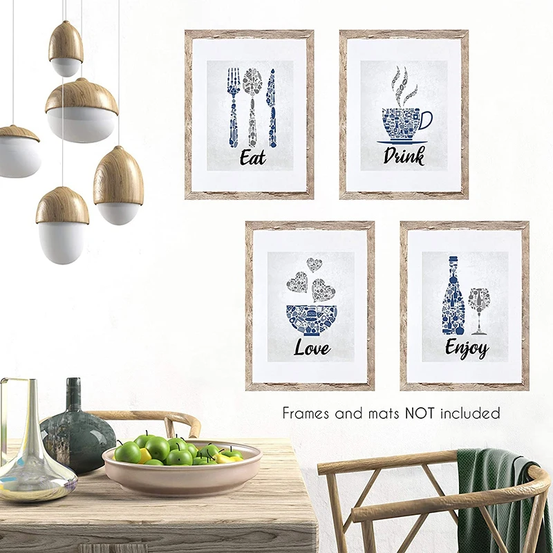 Blue Navy Cobalt Grey White Vintage Inspirational Kitchen Restaurant Cafe Bar Wall Art Decorations Eat Drink Love Wine