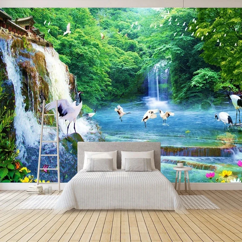 Custom 3D Murals Wallpaper Green Forest Waterfall Scenery Photo Wall Cloth Living Room TV Sofa Classic Home Decor Wall Paper 3 D