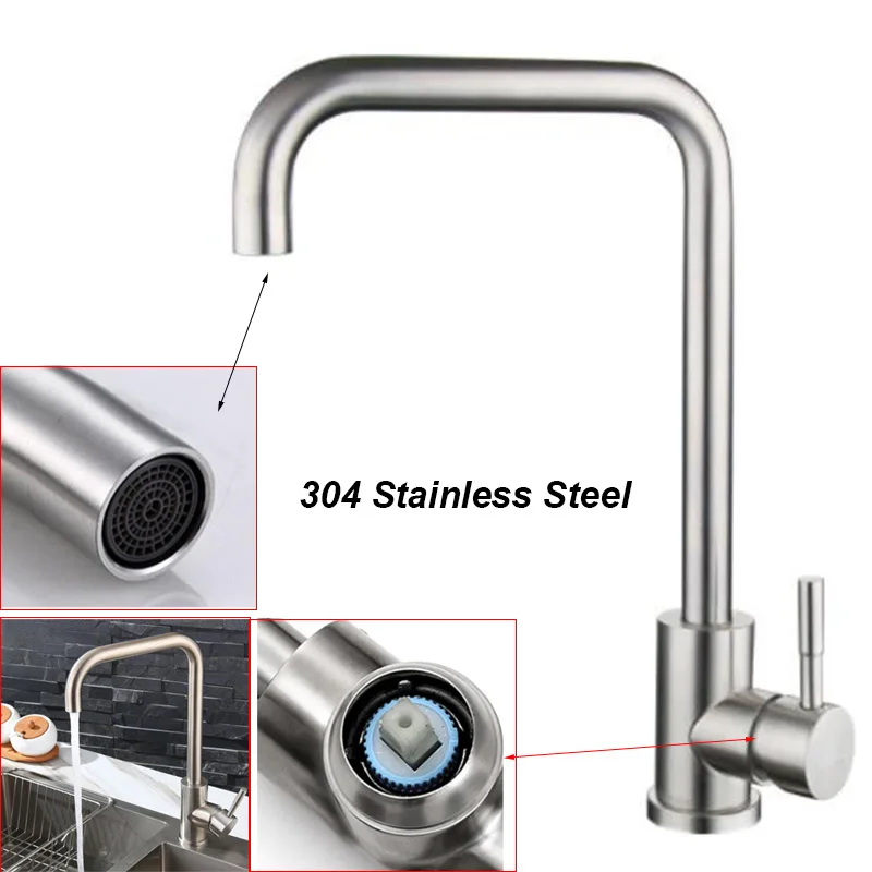 

360 Flexible 2 in 1 Cold Hot Water Faucet 304 Stainless Steel Kitchen Mixer Sink Head Sprayer Single Hole Spout Tap Brushred U26