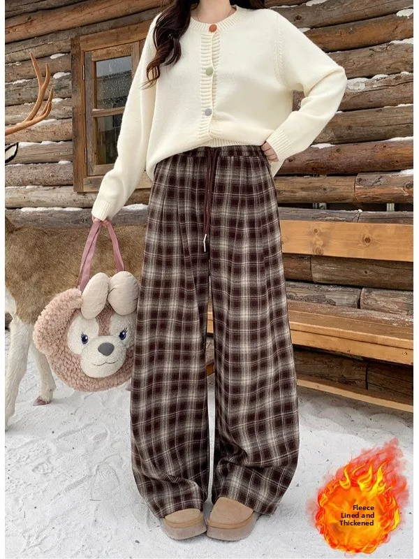 

Женские брюки больших размеров в клетку с флисовой подкладкой, с высокой талией, прямого кроя, удобные теплые брюки для осени и зимы, модный тренд