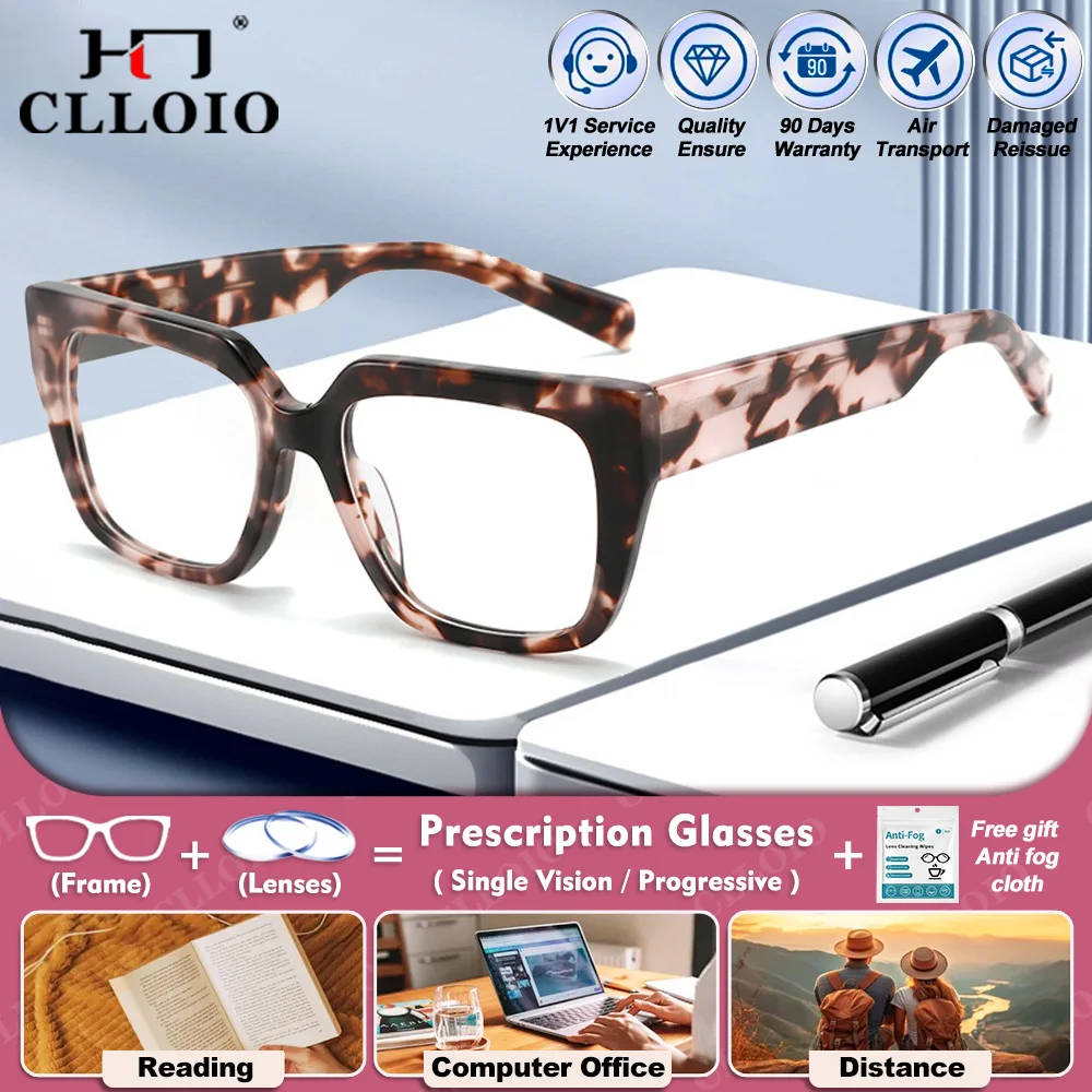

CLLOIO High Quality Acetate Men Women Square Myopia Glasses Fashion Anti Blue Light Photochromic Optical Progressive Eyeglasses