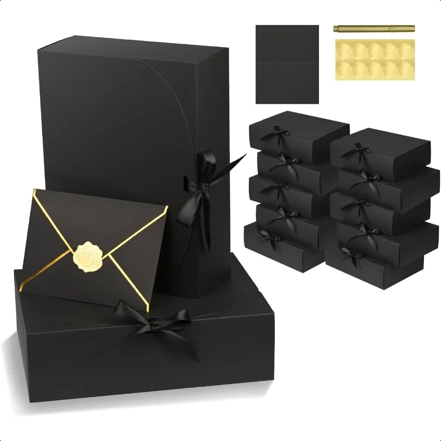10 Pack Large Black Gift Boxes with LidBridesmaid Proposal Box with Envelopes and Cards Pen Sticker for Groomsmen Proposal Wedd