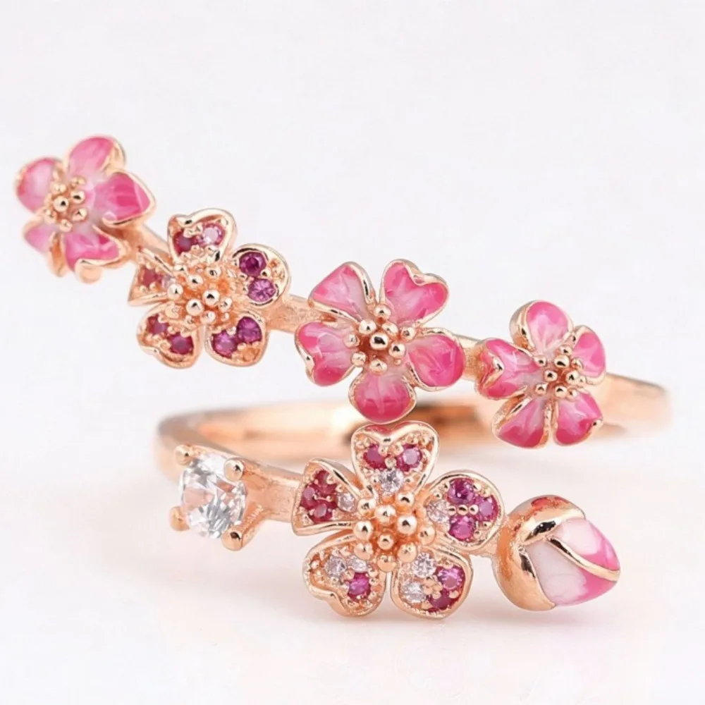 Romantic Exquisite Enamel Flower Branch Zircon Peach Blossom Close-set Beaded Adjustable Wrap Floral Rings for Women Jewelry