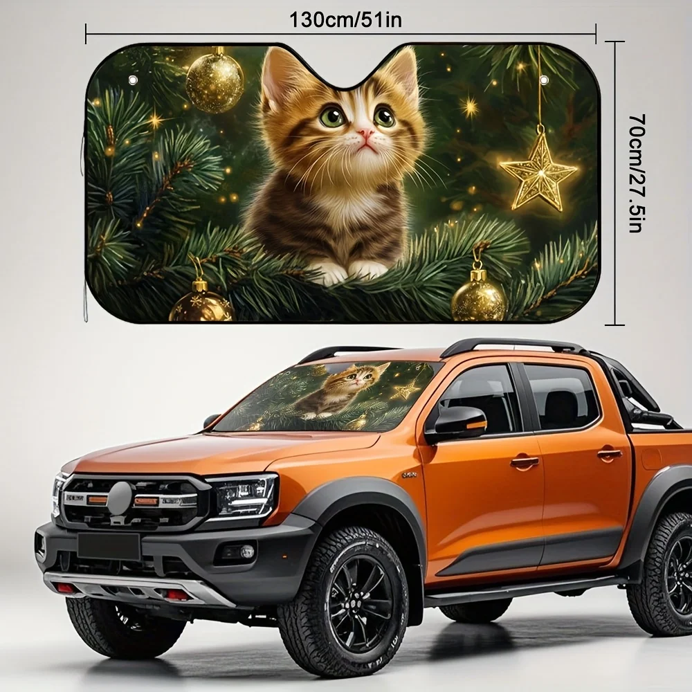 1pc Festive Cat Christmas Print Car Sunshade – Stylish Polyester Design With Kitten & Holiday Decor, Easy Installation, Foldable