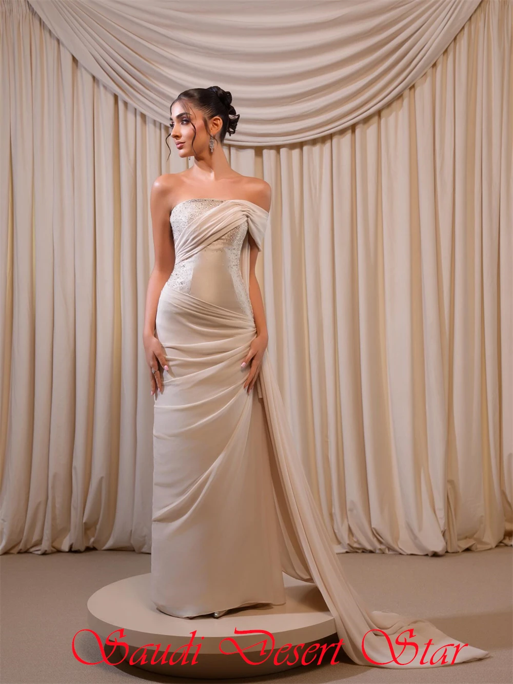 Robe de soirée en mousseline de soie beige, personnalisée, Simple, élégante, asymétrique épaule dénudée, sans bretelles, classique, cristal, dos à lacets, robe de bal