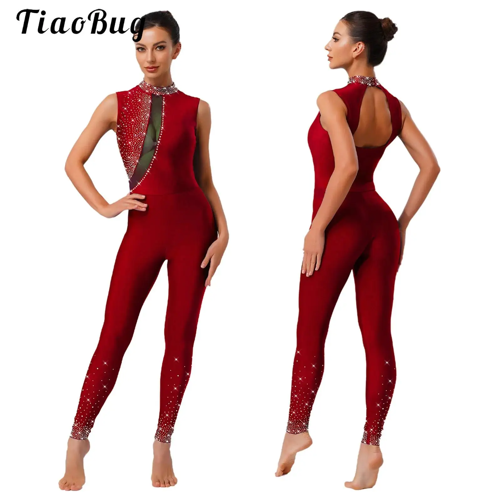 

Women Shiny Rhinestone Acrobatics Gymnastics Jumpsuit Leotard Unitard Sleeveless Figure Skating Ballet Dance Bodysuit Costume