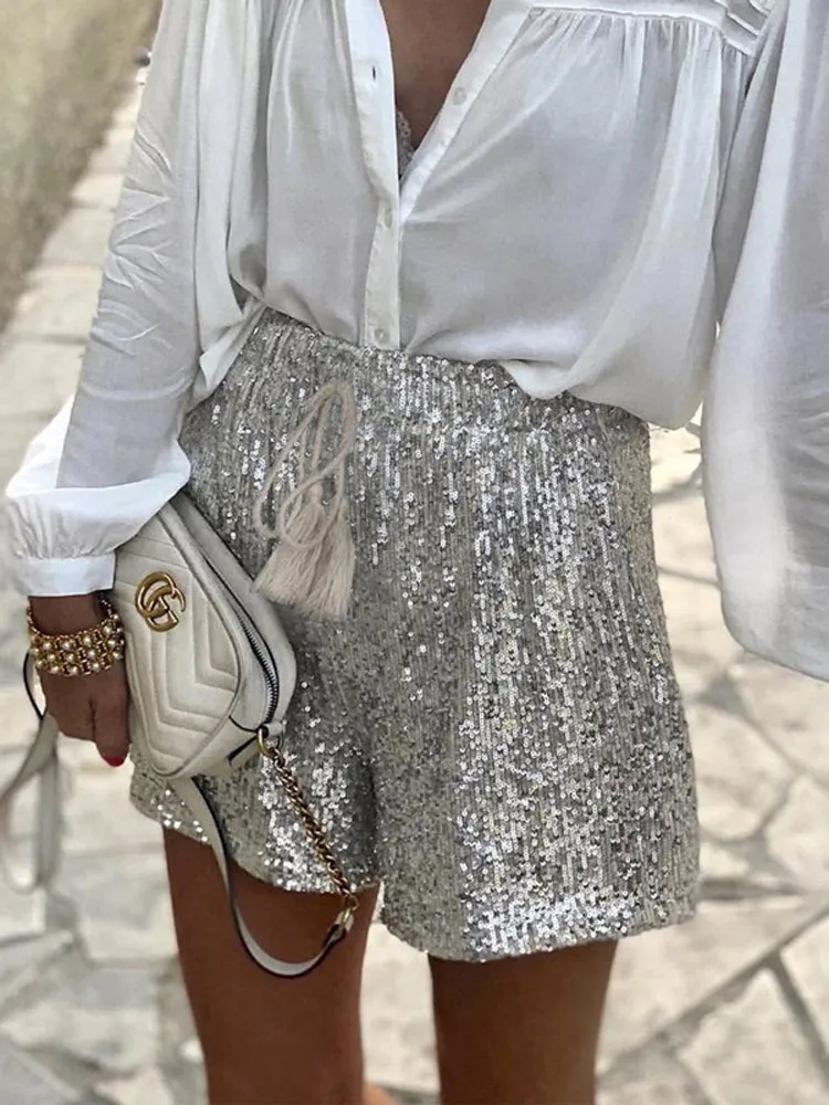 Silver Sequins Women Shorts New Year Party Low Waist Lace Up Female Mini Shorts 2022 Summer Autumn New Streetwear Loose Ladies