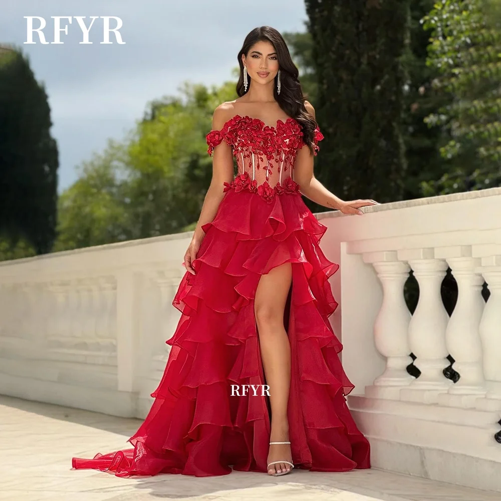 فستان سهرة مزين بالزهور ثلاثية الأبعاد من RFYR متعدد الطبقات للحفلات الراقصة على شكل حرف A فستان الأميرة مناسب رسميًا حسب الطلب