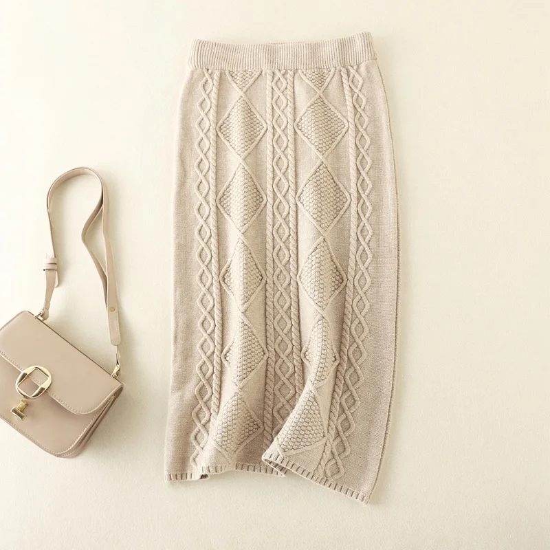 Winter Thickened Woolen Knitted Skirt Women New Autumn Retro Twists Midi Long Skirt Female Straight Tube Hip Wrap One Step Dress