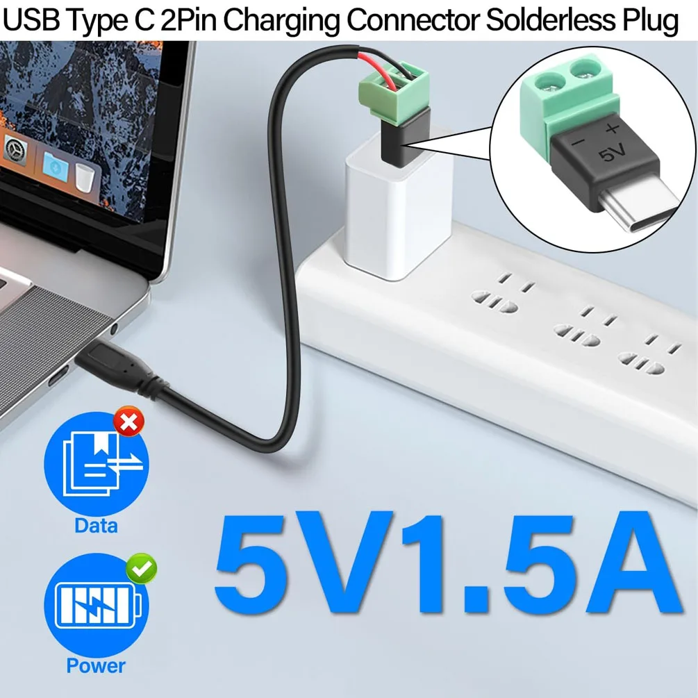 5PCS Type C to 2 Pin Adapter - No Solder Quick Connect Green Terminal for Charging Cable (Phones, Power Bank) DIY Electronics