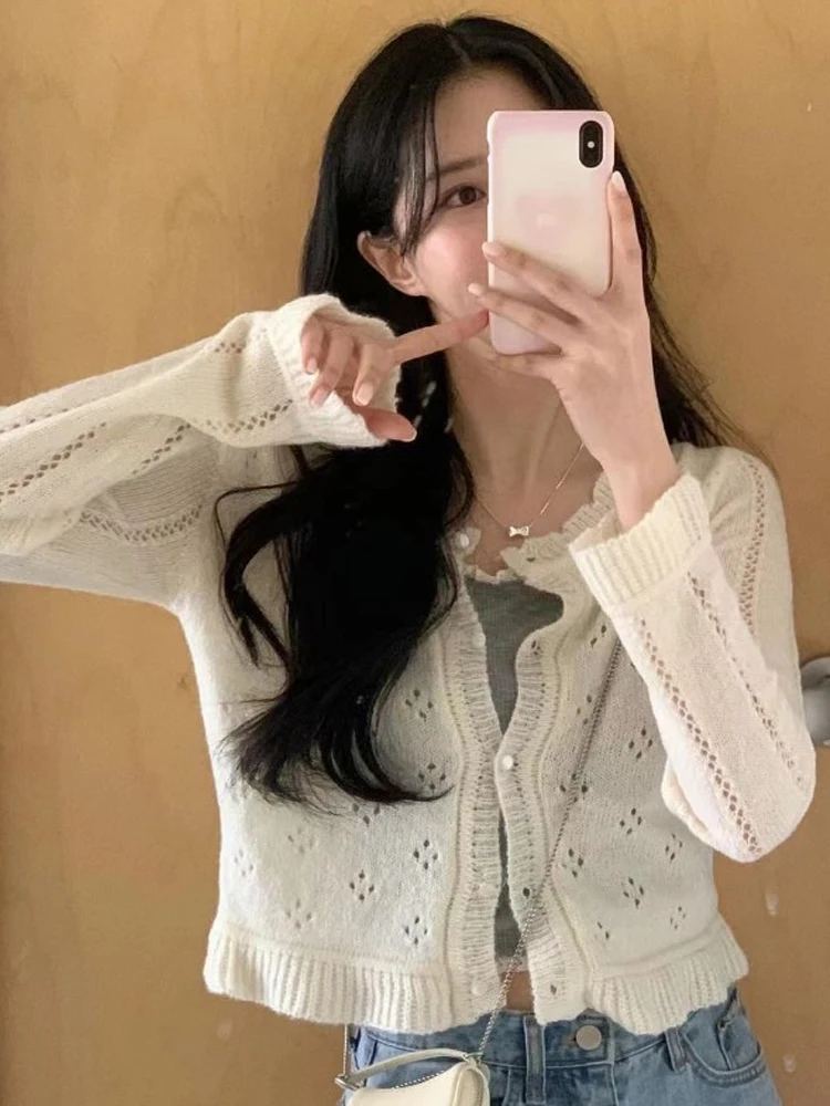 

Chic Hollow out round Ne Knitwear ort Sve Long Sve Spring Cardigan Women's Faionable Small Size Friendly Sle