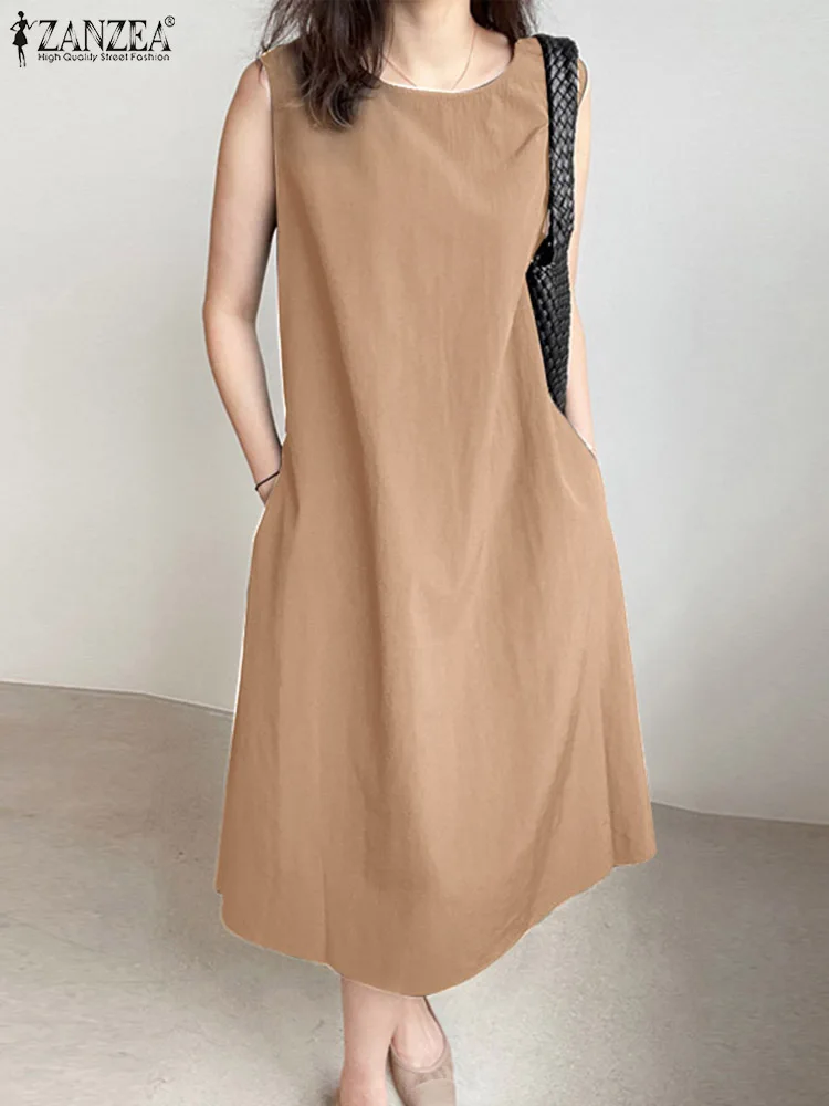 ZANZEA-Robe d'été élégante en coton solide pour femmes, robes d'été décontractées, robe de soirée au genou, robe éducative