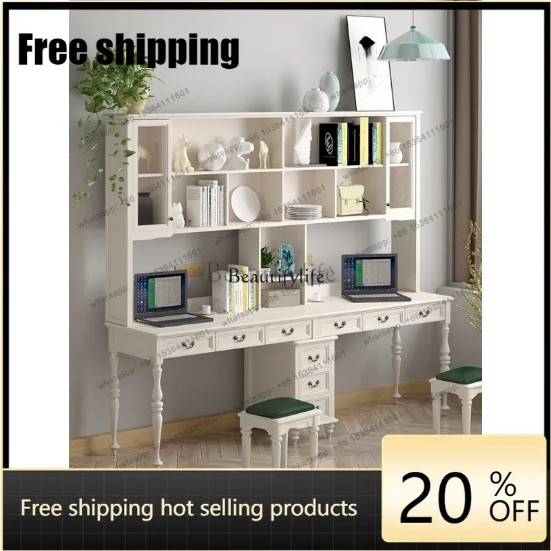HJ Pure solid wood double home study student desk bookshelf cabinet combination customization